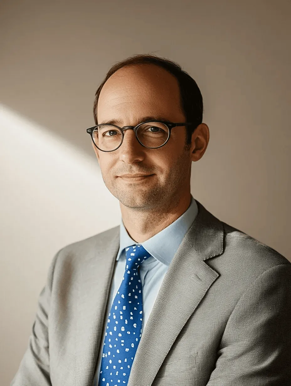 Man in glasses wearing a grey suit and blue tie, looking calmly at the camera.
